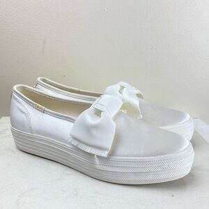 kate spade White Satin Bow Platform Sneakers